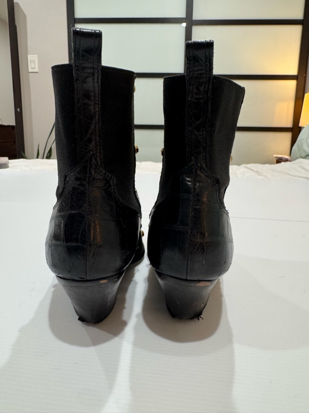 Vince Camuto Black Pointed Western Ankle Boots with Gold Studs - Picture 5 of 9
